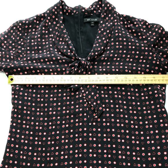 St John womens 2 black silk blouse red hearts print v neck tie bow career luxury - Picture 8 of 13